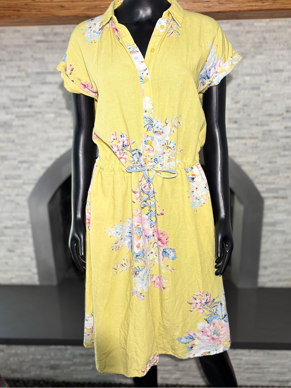 Joules Allison Lemon Floral Linen Blend Midi Shirt Dress Yellow, Size 6